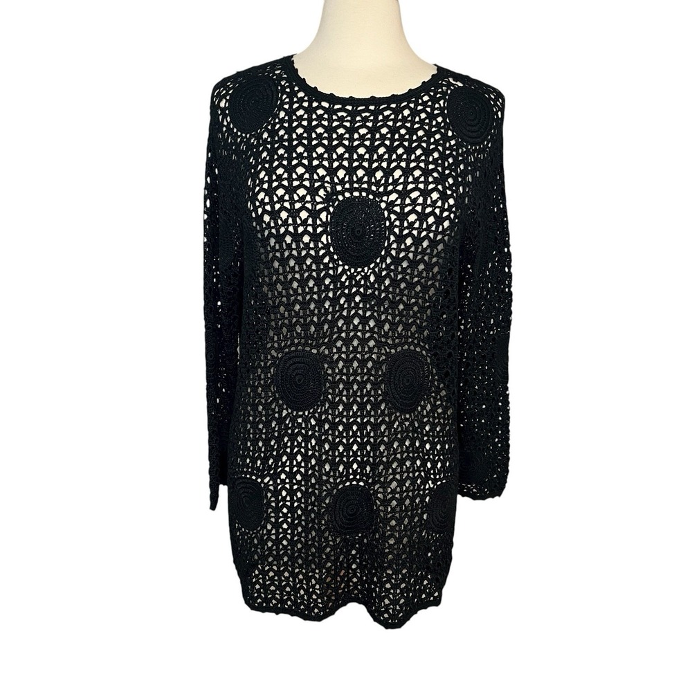 VTG Michael Simon Sweater OS Black Open Knit Crochet Lace Knit Boho Art Heavy